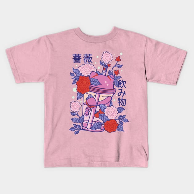 Kawaii Japanese Floral Cat Bubble Tea Kids T-Shirt by Sugoi Otaku Gifts